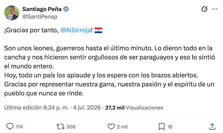 Tuit de Santiago Peña con texto en formato digital, agradeciendo a la selección paraguaya por su esfuerzo en el Mundial 2026.