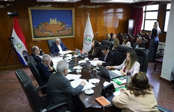 Isaías Ricardo Fretes en saco oscuro, escuchando atentamente a Bettina Albertini, mientras otros miembros toman notas en la reunión formal.