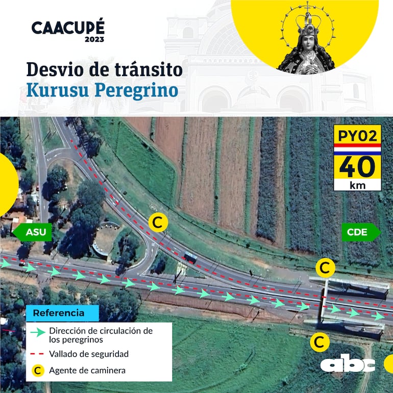 Caacupé: mapa de los desvíos del tránsito en Kurusu Peregrino.