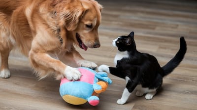 Un perro golden retriever juega con un gato.