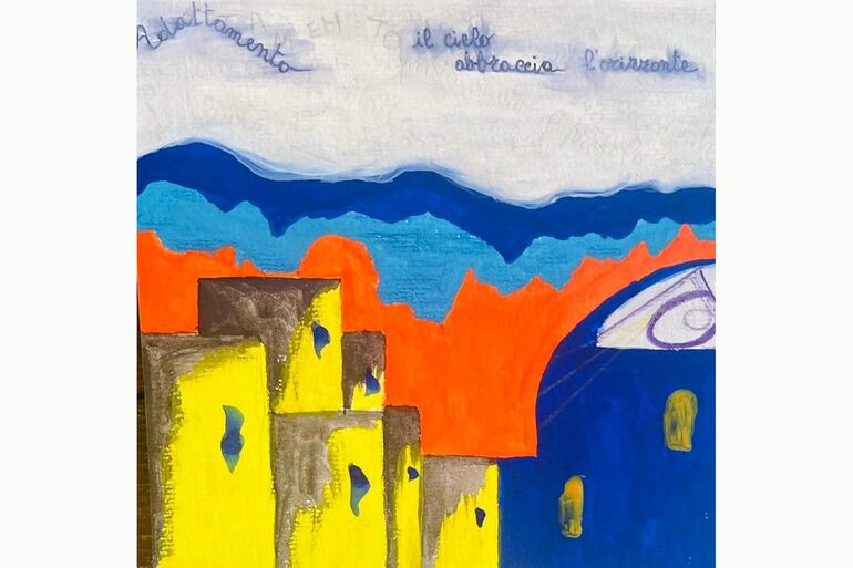 Obra artística con estructuras amarillas y paisaje de montañas azules y naranjas, acompañada de un texto reflexivo en la parte superior.