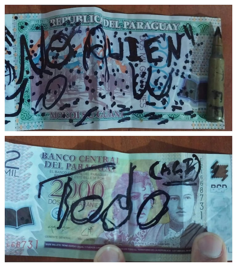 Billetes de 2000 guaraníes con inscripciones sobre fondo marrón, sin personas presentes.