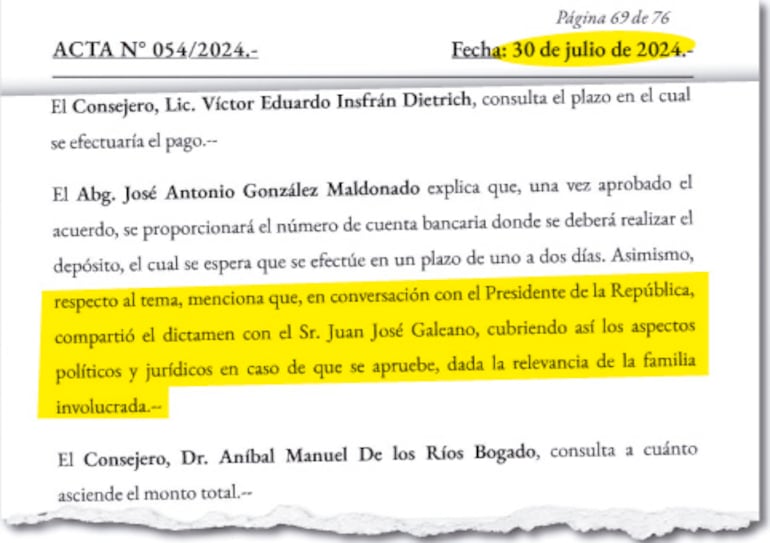 Acta N° 054/2024 del 30 de julio de 2024 en la cual se dejó constancia de cómo el Presidente digitó sobre el  millonario acuerdo.