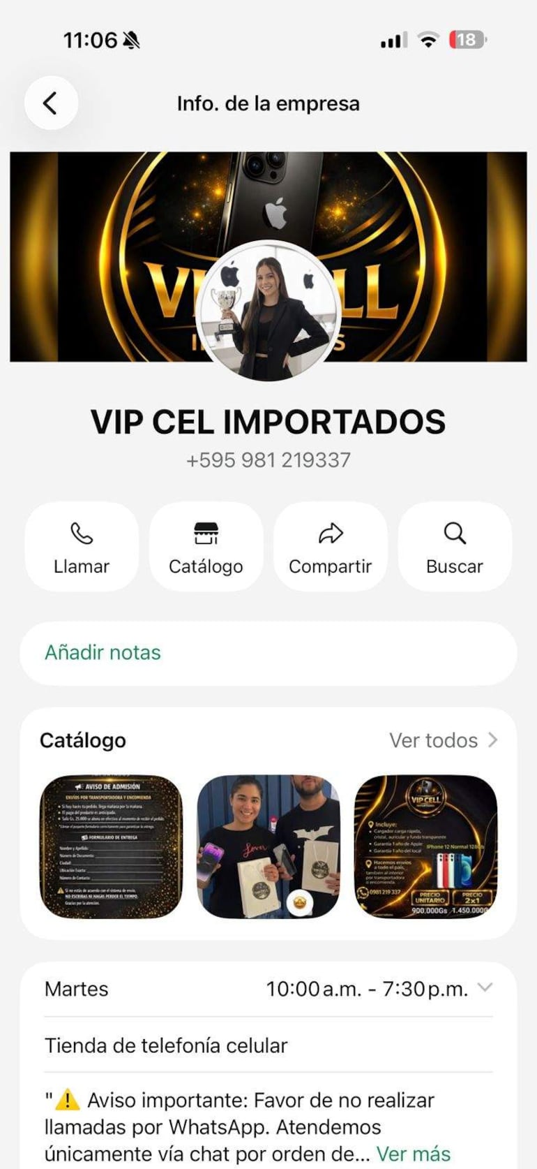Interfaz digital de 'VIP CEL IMPORTADOS' con fondo oscuro y detalles de teléfonos móviles, sin personas visibles.