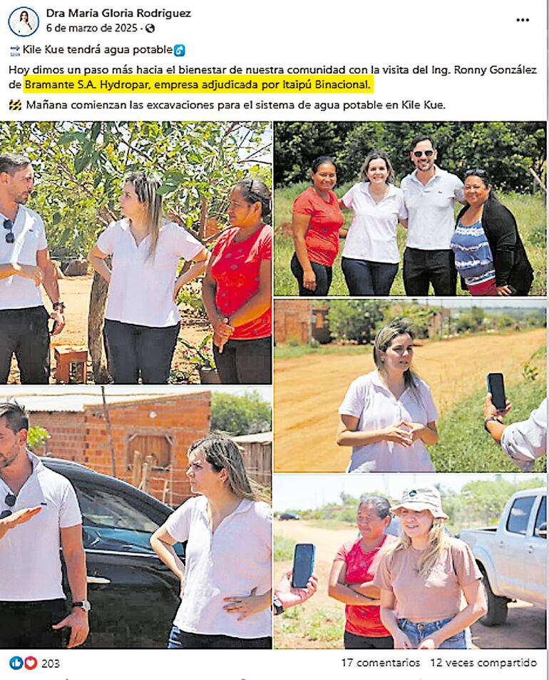 El 6 de marzo de 2025, la concejala y actual precandidata colorada cartista de San Ignacio, María Gloria Rodríguez, publicaba la visita de la empresa mimada.