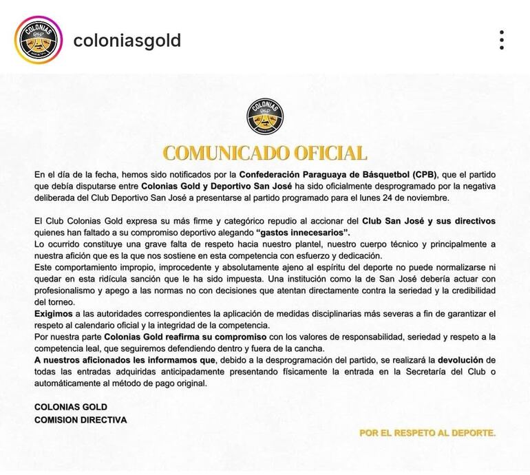 El Comunicado de Colonias Gold pidiendo una sanción severa a San José, por no presentarse este lunes a cumplir su compromiso en Obligado.