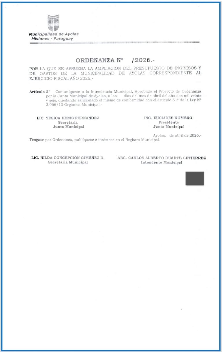 Documento oficial de la Municipalidad de Ayolas, en la cual se observa la aprobación del presupuesto del ejercicio fiscal 2025.