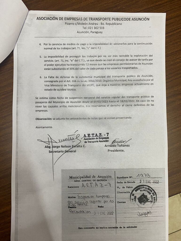 Parte de la nota sobre amenaza de paralizar el servicio. (gentileza).