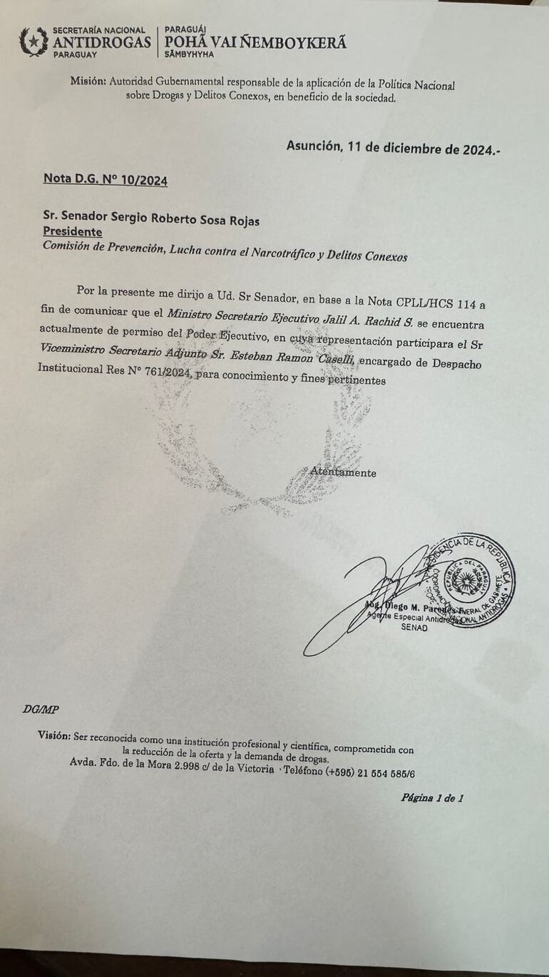 Nota en la que se observa el "permiso" no fundamentada del ministro de la Senad, Jalil Rachid.