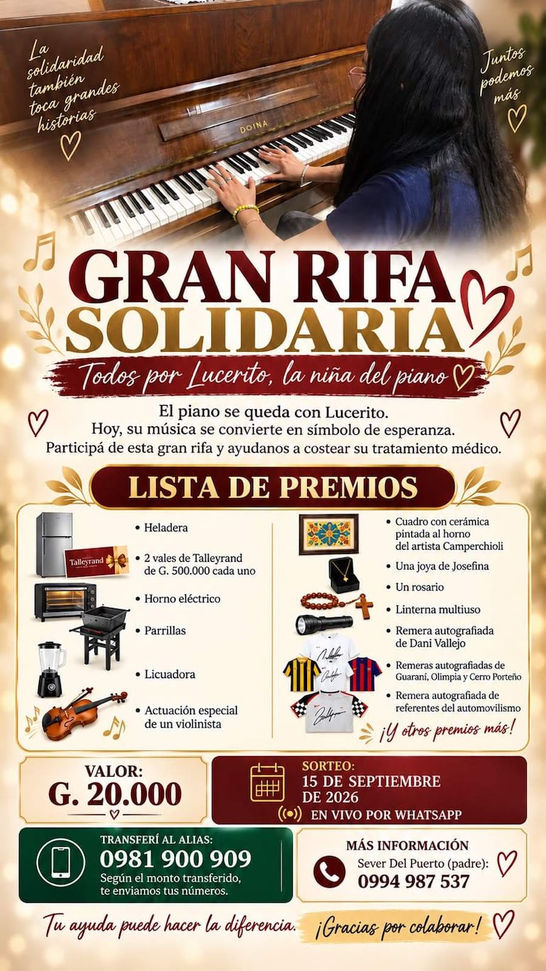 Cartel de rifa solidaria con piano en primer plano y lista de premios para apoyar a Lucerito en su tratamiento médico.