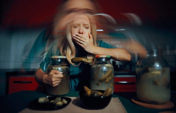Mujer con blusa teal y cabello rubio muestra desagrado al observar frascos de pepinillos en una cocina.