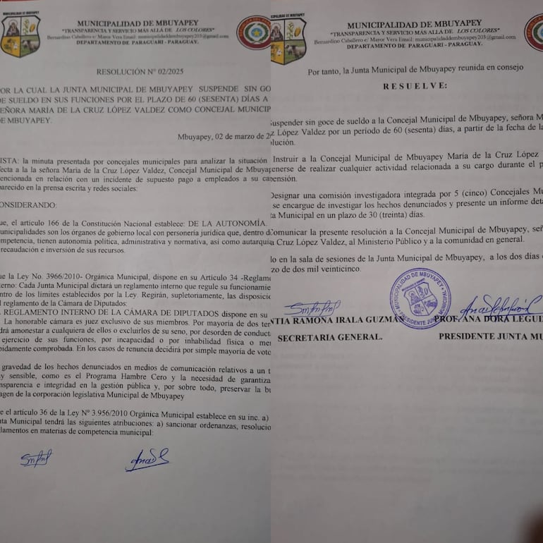 Resolución municipal por la cual se suspende a la concejal María De la Cruz López Valdez.