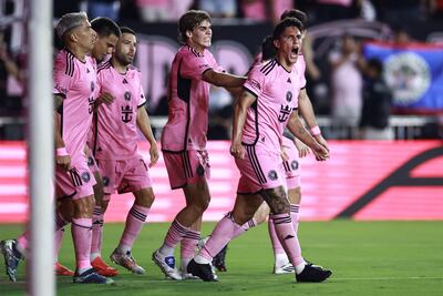 FORT LAUDERDALE, FLORIDA - NOVEMBER 09: Matías Rojas #7 of Inter Miami celebrates his goal against Atlanta United with Benjamin Cremaschi #30 during the first half of the Audi 2024 MLS Cup playoffs at Chase Stadium on November 09, 2024 in Fort Lauderdale, Florida. Carmen Mandato/Getty Images/AFP (Photo by Carmen Mandato / GETTY IMAGES NORTH AMERICA / Getty Images via AFP)