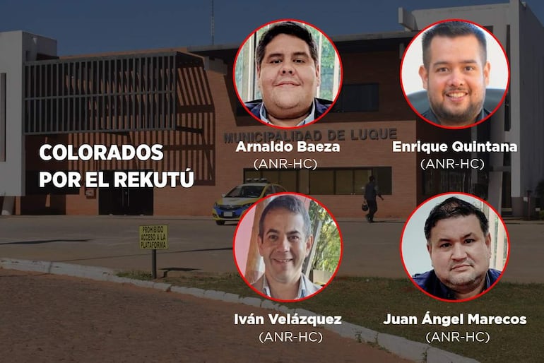 Arnaldo Baeza sonríe con chaqueta, Enrique Quintana sonriente, Iván Velázquez en camisa de cuadros y Juan Ángel Marecos serio, frente a la Municipalidad de Luque.