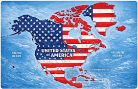 Fotografía tomada de la cuenta oficial en la red social Truth Social del presidente de los Estados Unidos, Donald Trump, que muestra un mapa en el que las franjas rojas y blancas de la bandera estadounidense cubren México, el Caribe y Canadá, además de Groenlandia.