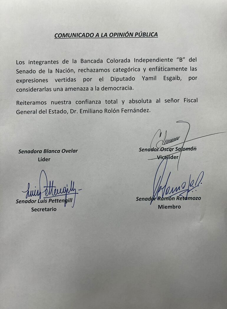 Comunicado de la Bancada Colorada Independiente "B".
