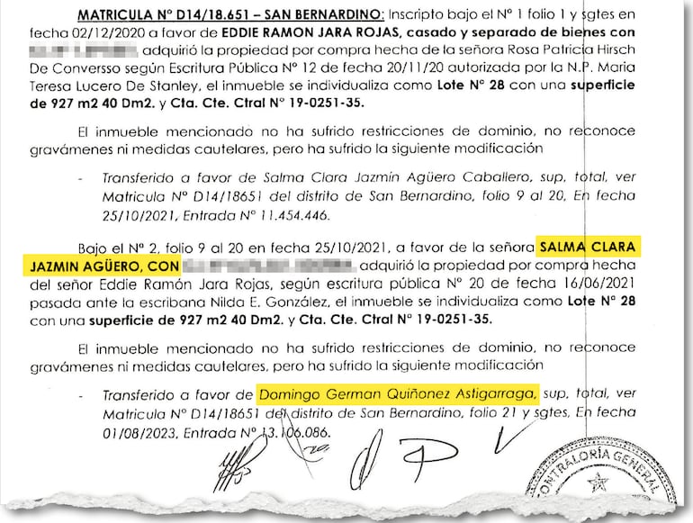 La ministra de la Juventud, Salma Agüero, aparece nombrada dentro del informe de la Contraloría en transacciones realizadas con Eddie Jara, a quien le compró un inmueble en San Bernardino.