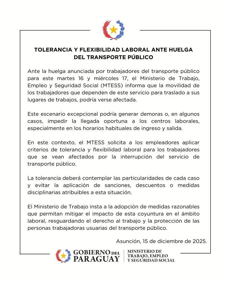 Huelga de transporte: Trabajo pide a las empresas que tengan tolerancia a sus empleados