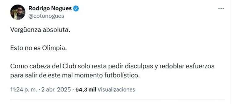 La publicación del presidente de Olimpia luego de la derrota ante San Antonio Bulo Bulo por la Copa Libertadores 2025.