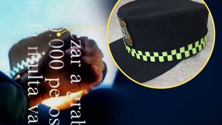 Captura del video de turistas que fueron víctimas de un intento de coima y, a la derecha, el quepis de la ciudad de Asunción.