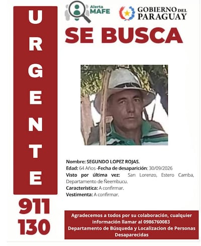 La Policía Nacional intensifica el rastrillaje para localizar a Segundo López Rojas, quien se encuentra con paradero desconocido desde el 30 de septiembre.
