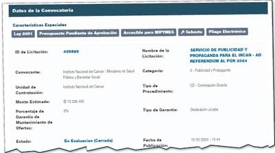 Llamado a licitación para el servicio de propaganda y publicidad en etapa de evaluación cerrada que aparece en la DNCP.