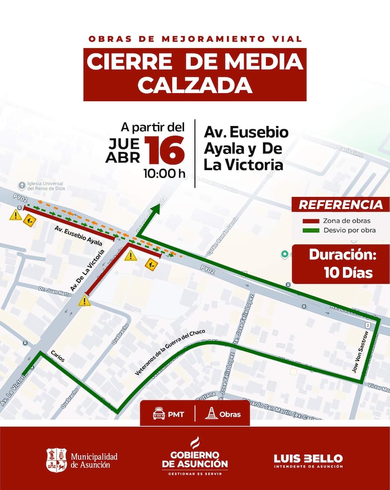 Cartel informativo sobre cierre de calzada y del desvío.