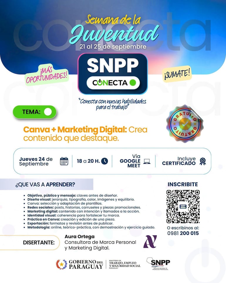 Flyer de promoción de los cursos brindados por el SNPP por la semana de la juventud.