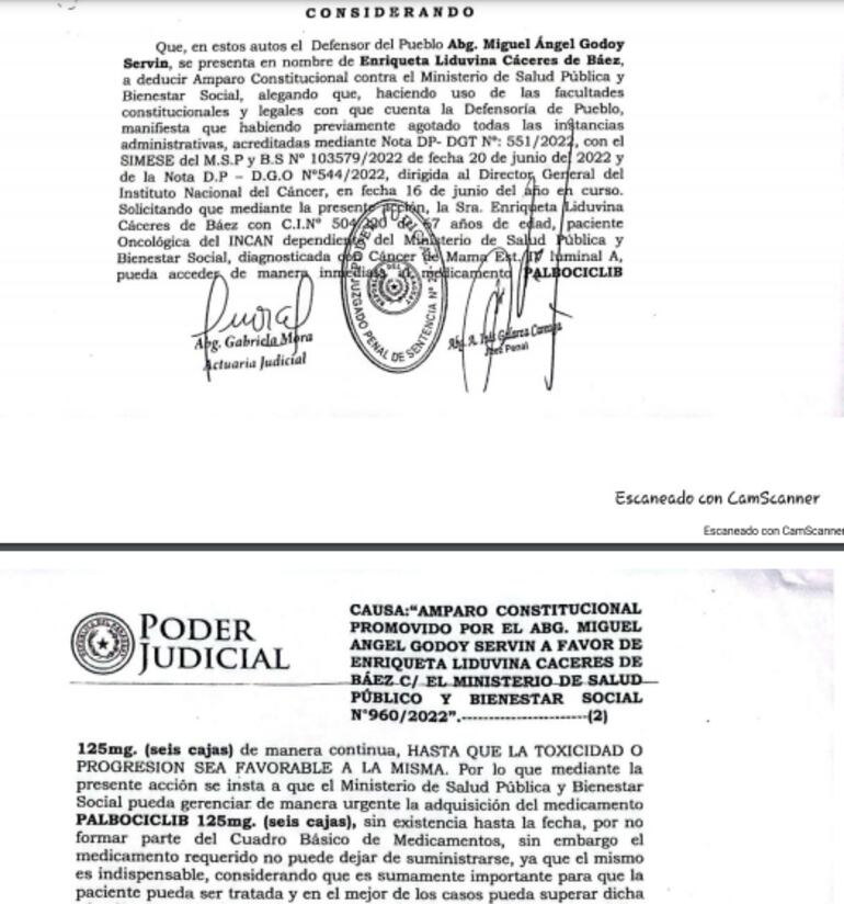 Sentencia judicial de julio del 2022 que estipula la provisión continúa de Palbociclib para la paciente Enriqueta Cáceres.
