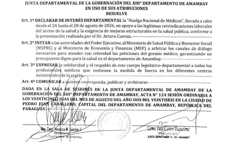 Parte resolutiva de la declaración de Interés Departamental de la huelga de médicos por parte de la Junta Departamental de Amambay.