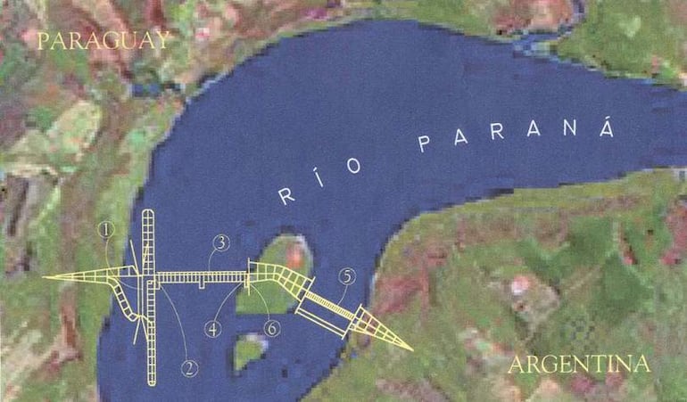 Mapa del río Paraná que muestra la ubicación de Paraguay y Argentina, con diseño esquemático y colores verdes y azules.