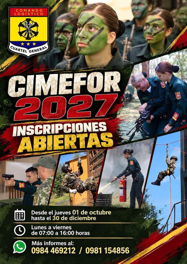 Póster promocional CIMEFOR 2027, con detalles sobre inscripciones y formación militar del Comando Logístico.