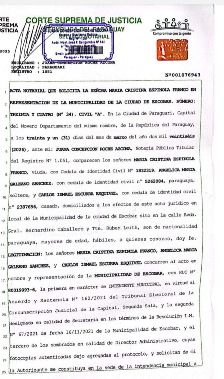 El acta notarial en la que consta de que la intendenta de Escobar, María Cristina Espínola (ANR-HC), intentó entregar su rendición de cuentas, pero la Junta Municipal no la aceptó.