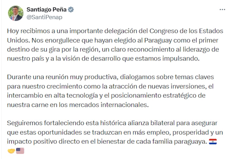 La publicación del presidente Santiago Peña tras la reunión con los congresistas estadounidenses.