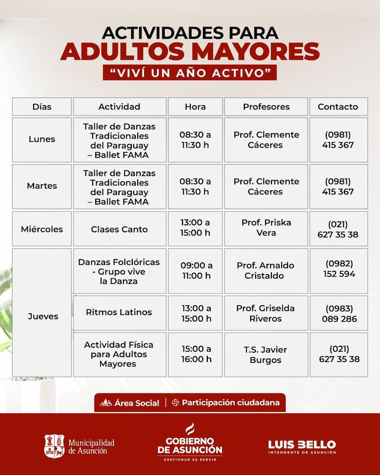 Clases diversas para adultos mayores en la Municipalidad de Asunción.
