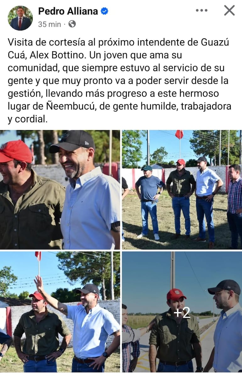 El Vicepresidente Pedro  Alliana, posteo en la tarde de este domingo que realizó una visita de cortesía al candidato colorado de Guazucuá Alex Bottino.