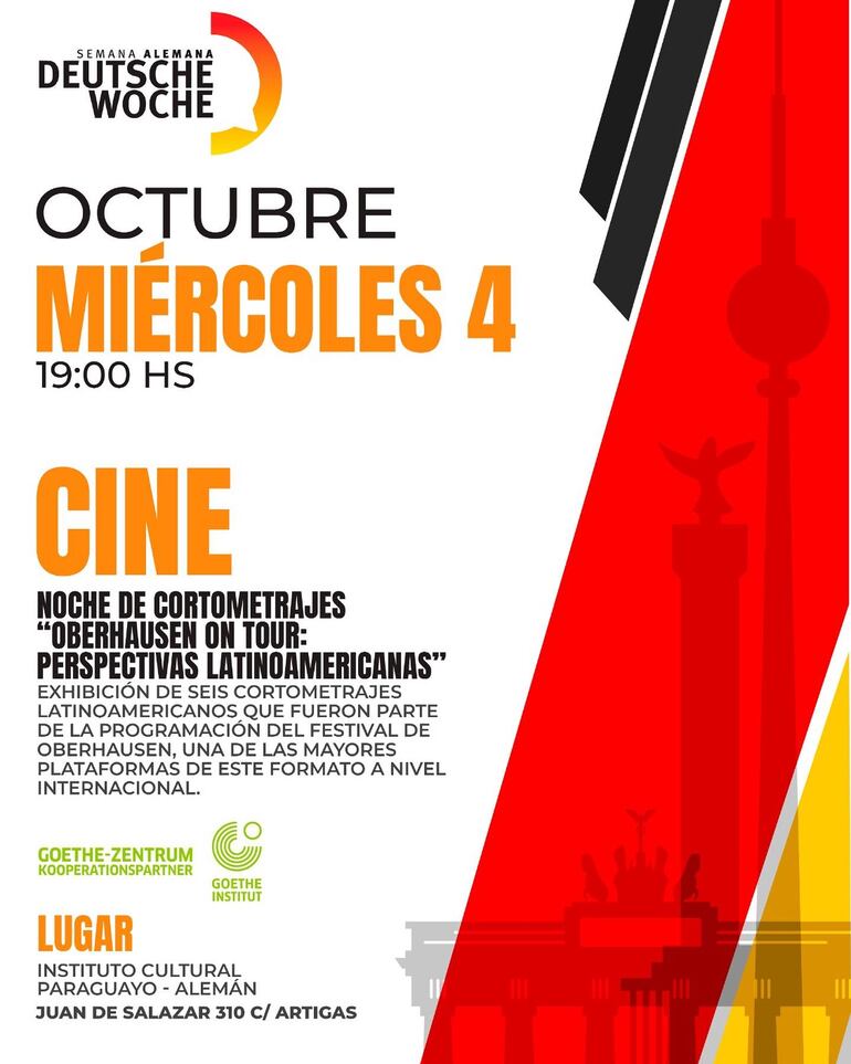 Noche de cortometrajes. Otra interesante propuesta de la Semana Alemana, que se desarrollará a partir de hoy hasta el el 10 de octubre es la exhibición de seis cortometrajes participantes del reconocido Festival Oberhausen, uno de las reconocidos referentes del entretenimiento audiovisual a nivel internacional y que se podrá disfrutar con acceso gratuito.