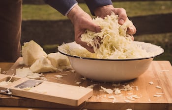 Preparación de chucrut casero. El Sauerkraut es una col cruda finamente cortada que ha sido fermentada por varias bacterias de ácido láctico.
