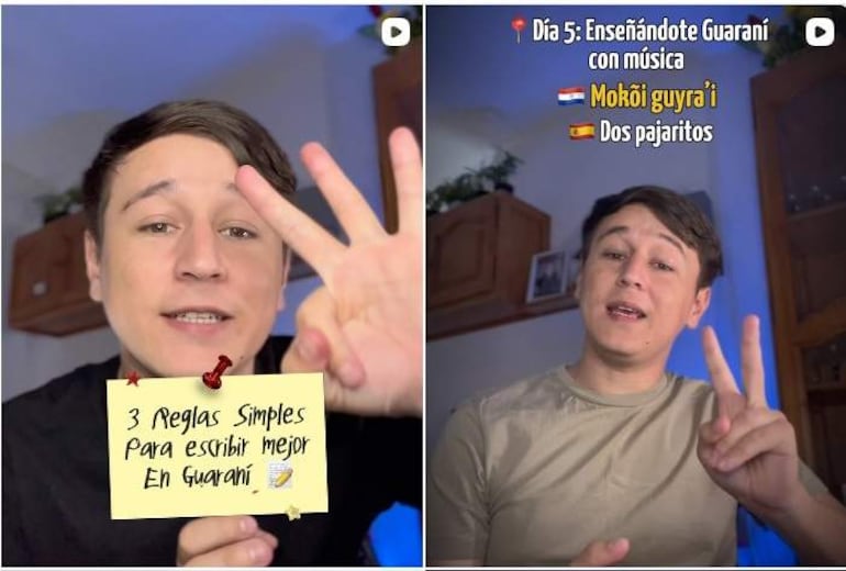 Joven que habla frente a la cámara, con papel en mano que dice '3 Reglas Simples Para escribir mejor En Guaraní', en un fondo cálido.