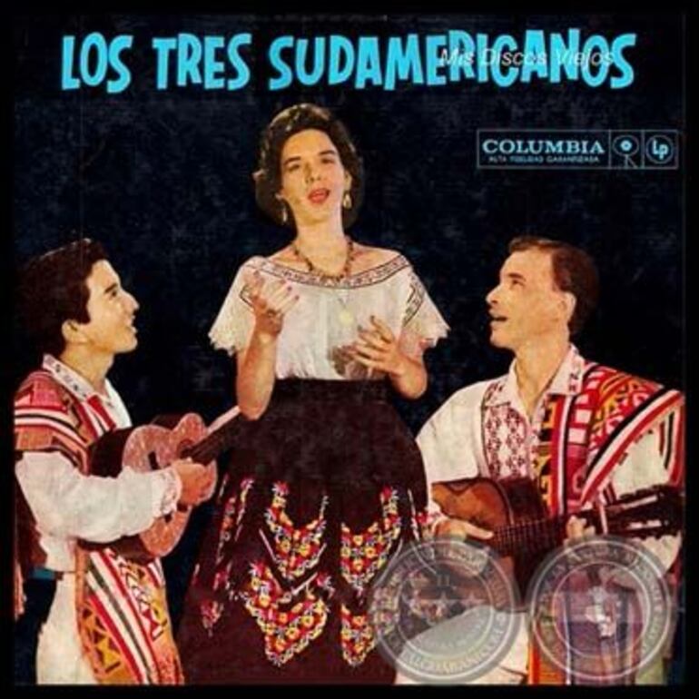 Alma María en el centro de la portada de un álbum de Los Tres Sudamericanos, la agrupación con la que recorrió escenarios de varios países.