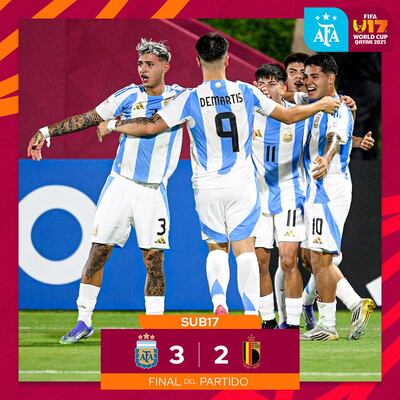 Argentina se impuso de remontada a su similar de Bélgica por 3-2, en el debut de ambas selecciones en el Mundial Sub 17 Qatar.