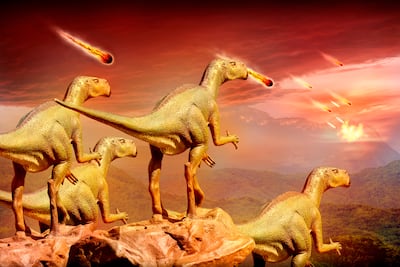 Dinosaurios ven caer meteoritos, imagen ilustrativa.