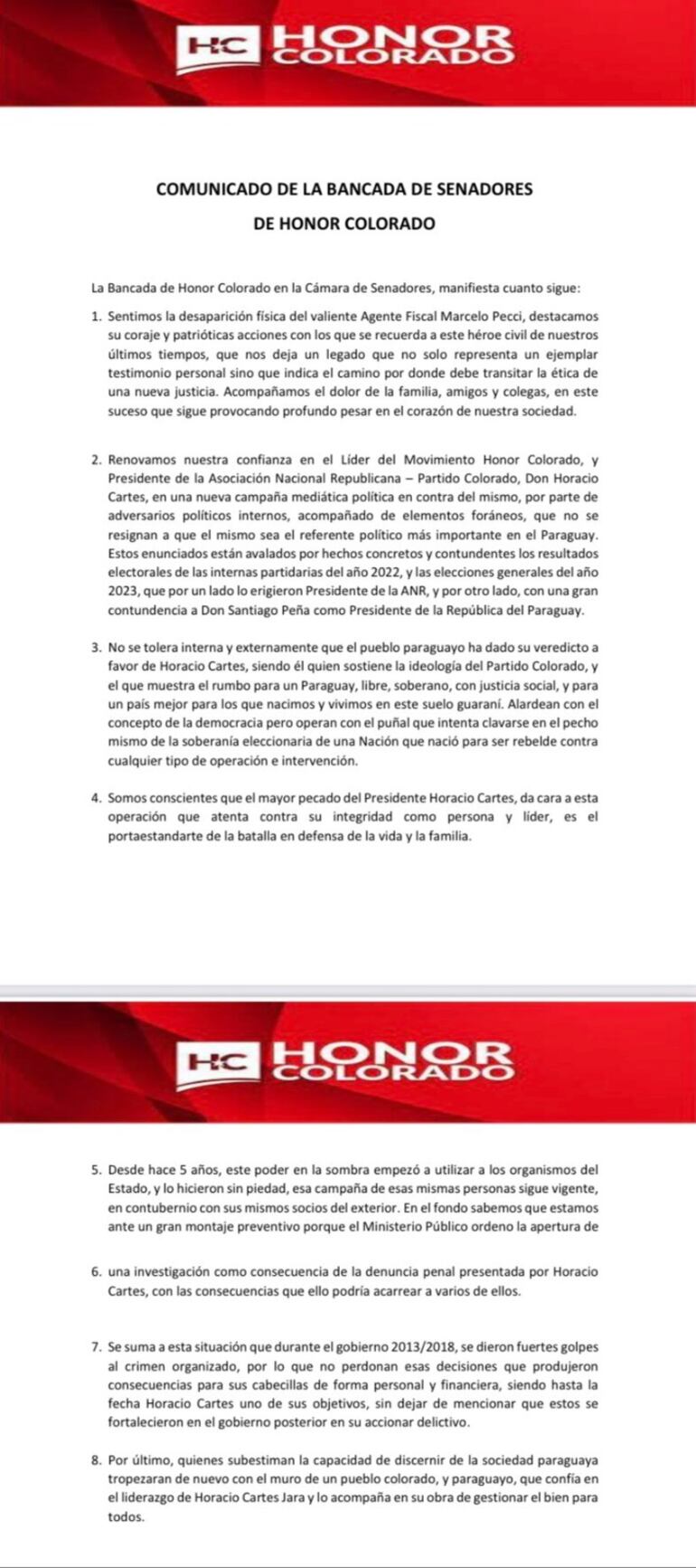 Basilio Bachi Núñez posteó el cominicado del movimiento Honor Colorado en apoyo a Horacio Cartes.