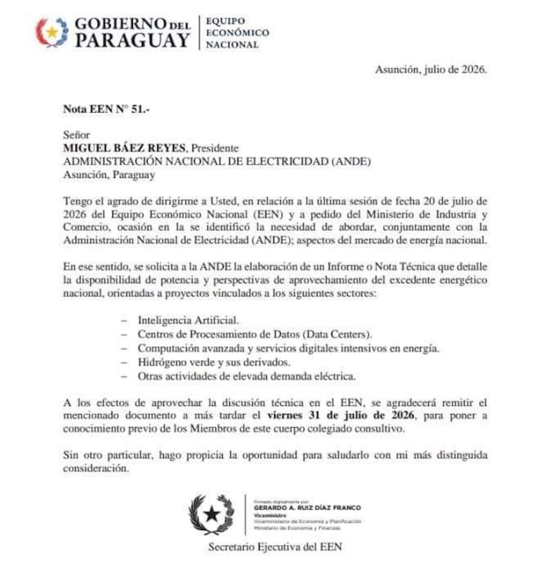Una carta oficial dirigida a Miguel Báez Reyes, con detalles sobre energía y tecnologías avanzadas, en ambiente formal de oficina.