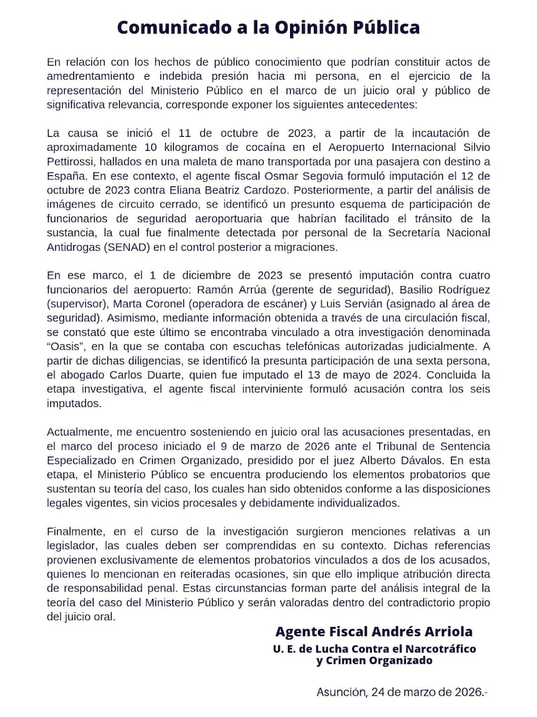 El comunicado publicado por el fiscal antidrogas Andrés Ariola.