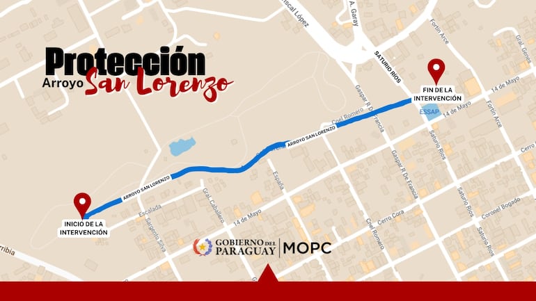 Trayecto que el MOPC intervendrá en el arroyo San Lorenzo.
