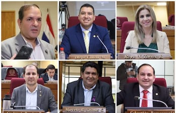 Siete legisladores sonrientes en reunión, con Samaniego en chaqueta gris, Candia en camisa azul, y Torres con blusa verde, todos sentados.