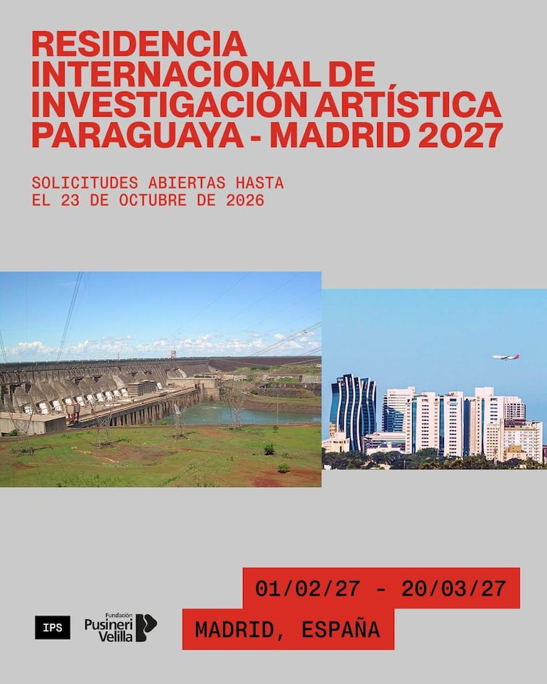 Cartel informativo de residencia artística en Madrid con fondo gris y texto en rojo sobre fechas y ubicación.