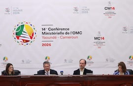 EU Trade Commissioner Maros Sefcovic (2nd L) speaks during a press conference at World Trade Organization (WTO) ministerial conference in Yaounde on March 28, 2026. (Photo by AFP)