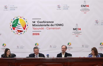 EU Trade Commissioner Maros Sefcovic (2nd L) speaks during a press conference at World Trade Organization (WTO) ministerial conference in Yaounde on March 28, 2026. (Photo by AFP)